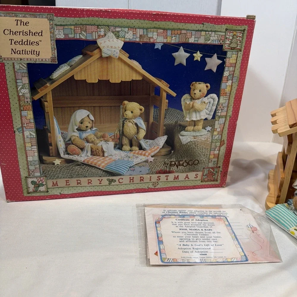 Vintage Enesco Cherished Teddies Nativity 4 Piece Set Stable‎ Figurines Box